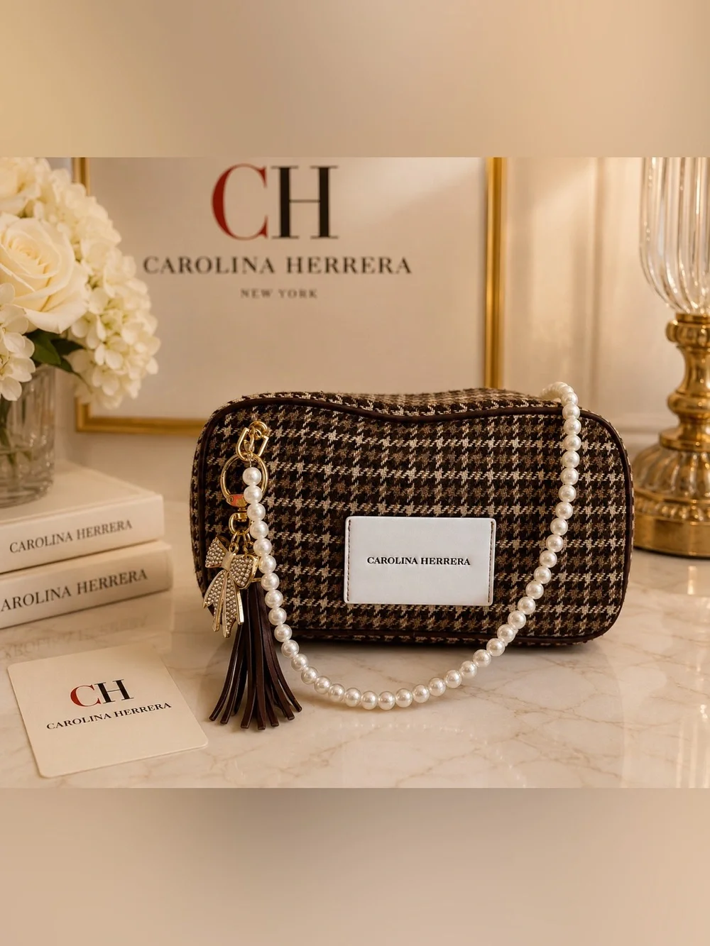 Carolina Herrera Brown Houndstooth Pearl-Handle Shoulder Bag
